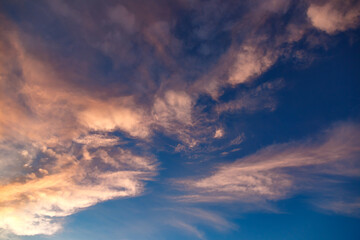 Real amazing panoramic sunrise or sunset sky with gentle colorful clouds.Skyline top view Evening sunset sky and the morning sunrise.Nature Backgrounds