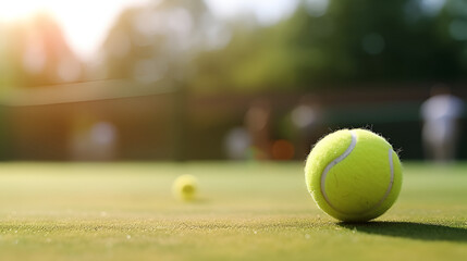Tennis, Tennisschläger und Tennisball am Tennisplatz, close-up tennis ball and net on court, Generative, Ai