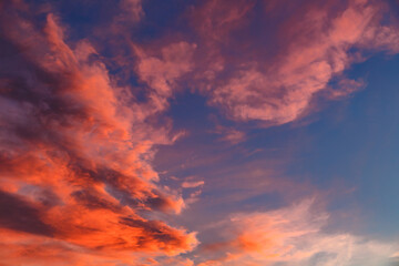 Real amazing panoramic sunrise or sunset sky with gentle colorful clouds.Skyline top view Evening sunset sky and the morning sunrise.Nature Backgrounds