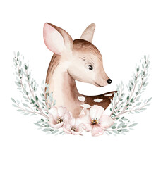 Cute baby deer animal for kindergarten, nursery isolated illustration for children clothing, pattern. Watercolor Hand drawn boho image forest woodland poster baby shower - 725675891