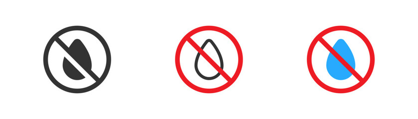 Water drop forbidden icon. Water resistance, keep dry symbol, no liquid. Line and flat vector illustration. - obrazy, fototapety, plakaty