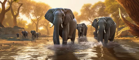 Foto op Aluminium elephants crossing a shallow river at sunrise in the morning © waliyah