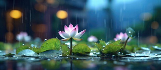 Lotus plants flowering on clear water background when rain falls behind bokeh