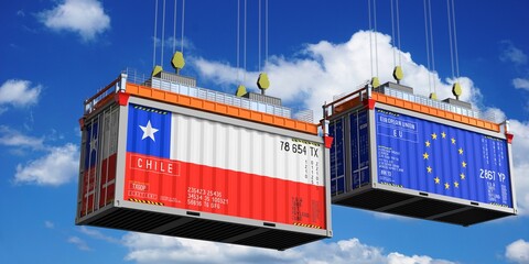 Shipping containers with flags of Chile and European Union - 3D illustration - obrazy, fototapety, plakaty
