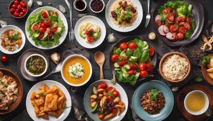 Assortment of healthy food dishes. Top view. Free space for your text