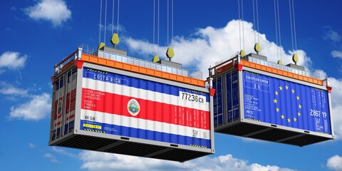Shipping containers with flags of Costa Rica and European Union - 3D illustration