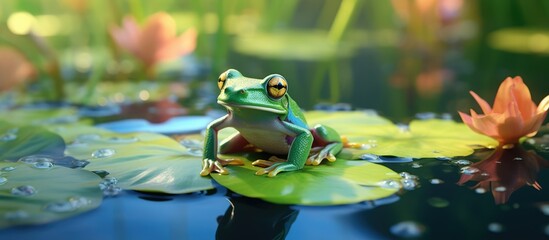 Green frog on flowering lotus plant on clear water bokeh background, light, green