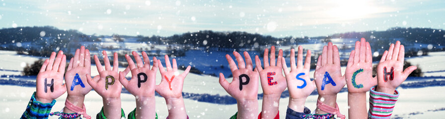 Children Hands Building Word Happy Pesach, Winter Background