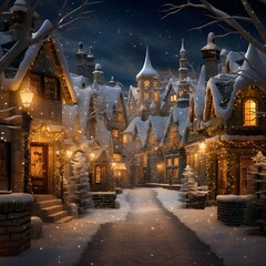 Fototapeta na wymiar Winter night in the village. Christmas and New Year background. 3D rendering