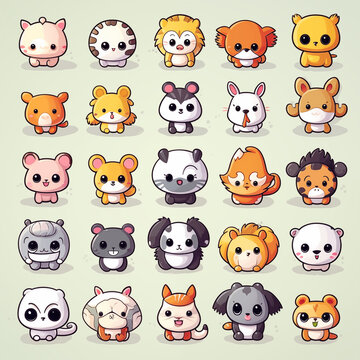 Draw many cute animals in a 2 years old style, sticker