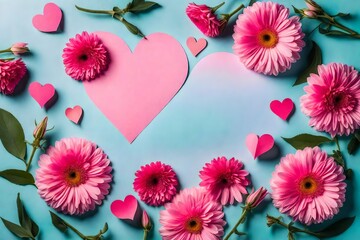 Pink heart and flowers on light background.