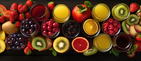 Seen from above various kinds of juices and fruit, black wooden background