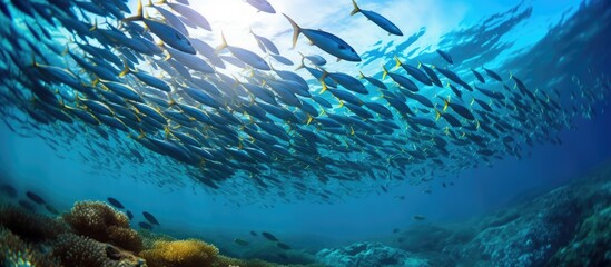 Underwater view of blue water, a group of tuna fish on colorful coral reefs