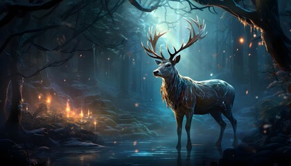 Deer in the dark forest at night. 3D illustration.
