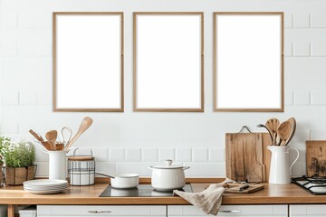 Three Frame mockup. Modern Kitchen with Wooden Accents and Dry Plants. Scandinavian kitchen design featuring wooden cabinets, a white countertop with dry pampas grass in a vase, and empty frame wall.