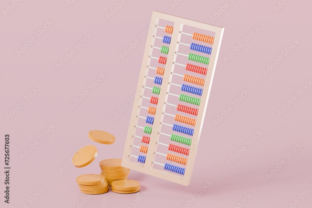 Poster 3d abacus with coin icon minimal cute smooth isolated on pink pastel background, arithmetic game lea
