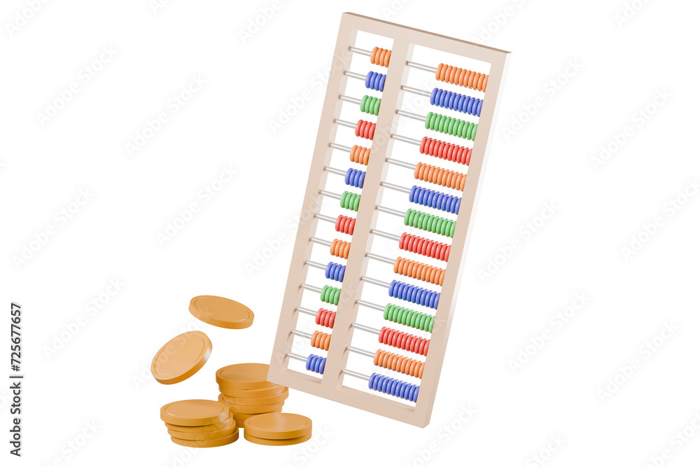 Poster 3d abacus with coin icon minimal cute smooth isolated on pink pastel background, arithmetic game lea