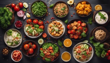 Assortment of healthy food dishes. Top view. Free space for your text - obrazy, fototapety, plakaty