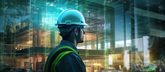 construction worker wearing helmet standing looking at building transparency