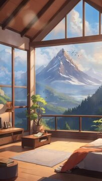 view from the window in the living room. Cartoon or anime watercolor painting illustration style. seamless looping virtual video animation background. potrait