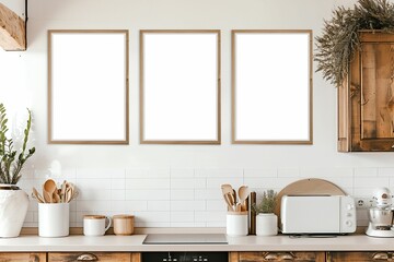 Fototapeta na wymiar Three Frame mockup. Modern Kitchen with Wooden Accents and Dry Plants. Scandinavian kitchen design featuring wooden cabinets, a white countertop with dry pampas grass in a vase, and empty frame wall.