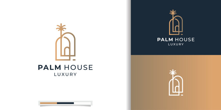 minimalist palm houses logo with line art style concept. Luxury line abstract palm design inspiration.