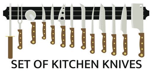 A set of kitchen knives. Knives of flat design with bright handles. Kitchen logo.