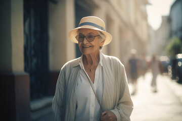  happy elderly woman in a sun hat walks through the summer city. background blurred