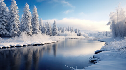realistic impressive epic winter scenery view of a wide river and a forest