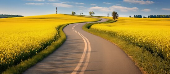 Winding road in the middle of Fields of yellow colza rapeseed flowers and blue sky, orange and yellow light