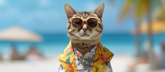 Cat wearing cute beach clothes, blur tropical beach background