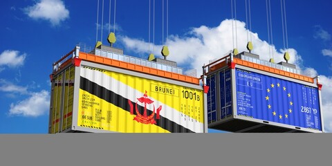 Shipping containers with flags of Brunei and European Union - 3D illustration