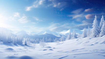 winter wallpaper artwork showing a lot of trees full of snow at sunset