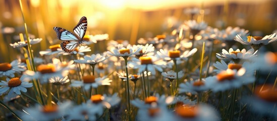 Fields of daisies and butterflies fluttering with orange and blue sunlight