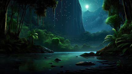 Fototapeta na wymiar night evening scenery with a shining moon, river artwork