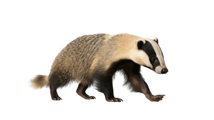 European badger walking isolated on transparent and white background.PNG image