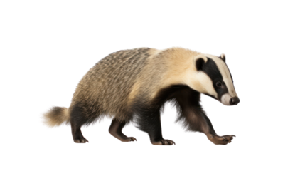 European badger walking isolated on transparent and white background.PNG image