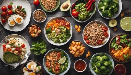 Assortment of healthy food dishes. Top view. Free space for your text