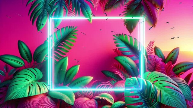 Pink tropical background with green leaves and neon frame.