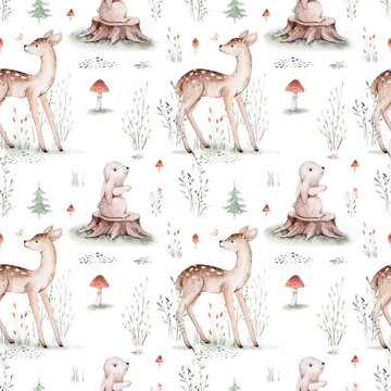 Watercolor Woodland animals seamless pattern. Fabric wallpaper forest with baby deer. Owl, fox and butterfly, Bunny rabbit set of forest, bear and bird baby animal Nursery