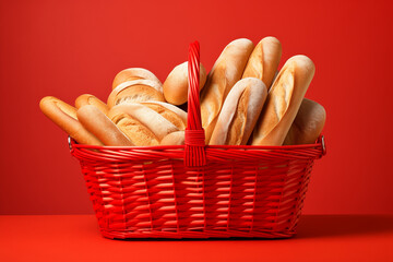 Red shopping basket with bread. on a red background.