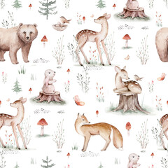 Watercolor Woodland animals seamless pattern. Fabric wallpaper forest with baby deer. Owl, fox and butterfly, Bunny rabbit set of forest, bear and bird baby animal Nursery - obrazy, fototapety, plakaty