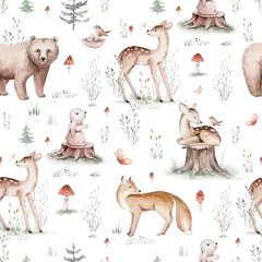 Foto op Plexiglas Watercolor Woodland animals seamless pattern. Fabric wallpaper forest with baby deer. Owl, fox and butterfly, Bunny rabbit set of forest, bear and bird baby animal Nursery © kris_art
