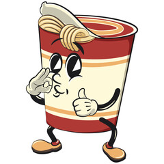 vector isolated clip art illustration of cute instant noodles cup mascot giving delicious sign, work of handmade
