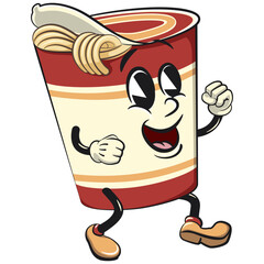 vector isolated clip art illustration of cute instant noodles cup mascot dancing cheerfully, work of handmade

