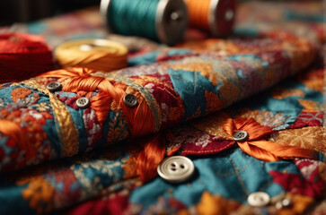 Fototapeta premium Textile with Bright Patterns Texture: The center of the frame is dominated by a textile surface with vivid patterns. Selective focus. Free space for text.