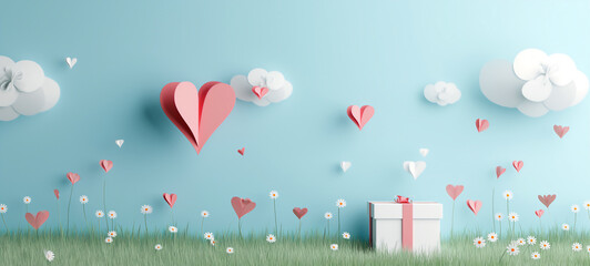 Fototapeta premium Mother's day postcard with paper flying elements and gift box on blue sky background.