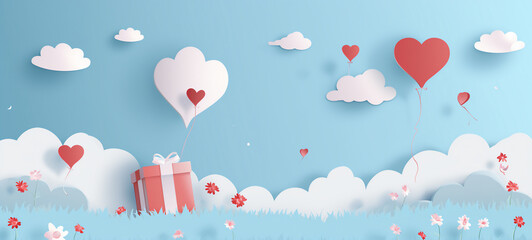 Mother's day postcard with paper flying elements and gift box on blue sky background.