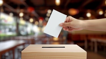 Election day concept  hand putting voting ballot into ballot box with copy space for text