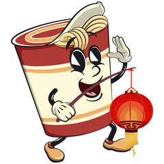 vector isolated clip art illustration of cute instant noodles cup mascot  carrying a traditional chinese lantern, work of handmade
